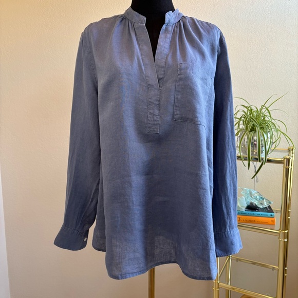 Gap, Sz L, Chambray Blue 100% Linen Long Sleeve V-neck Blouse, travel tunic - Picture 1 of 10